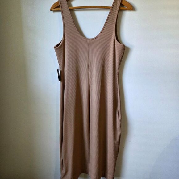 NEW WITH TAGS EXPRESS NUDE RIBBED SCCOP NECK BODYCON MIDI DRESS SZ L - Picture 2 of 14